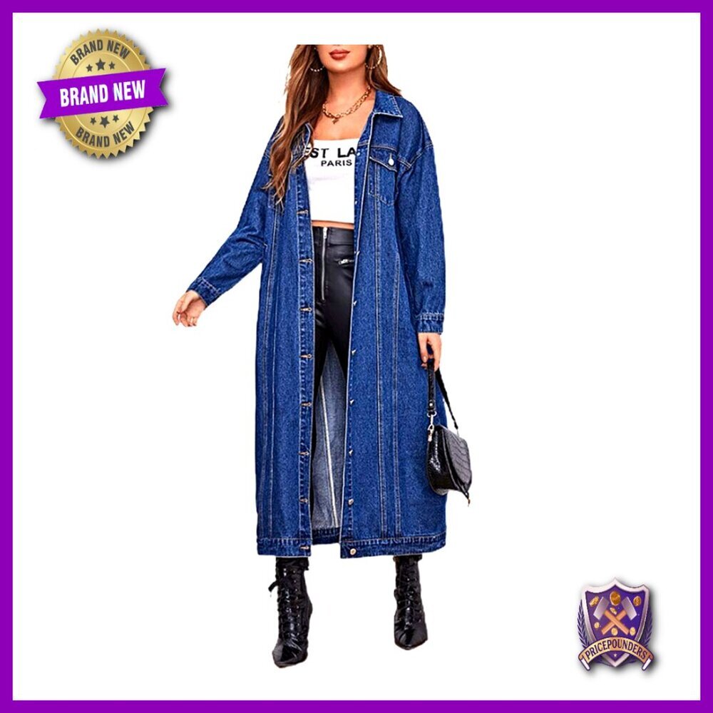 Vintage Denim Trench Coat Button Down Midi Long Oversized Y2K Chic